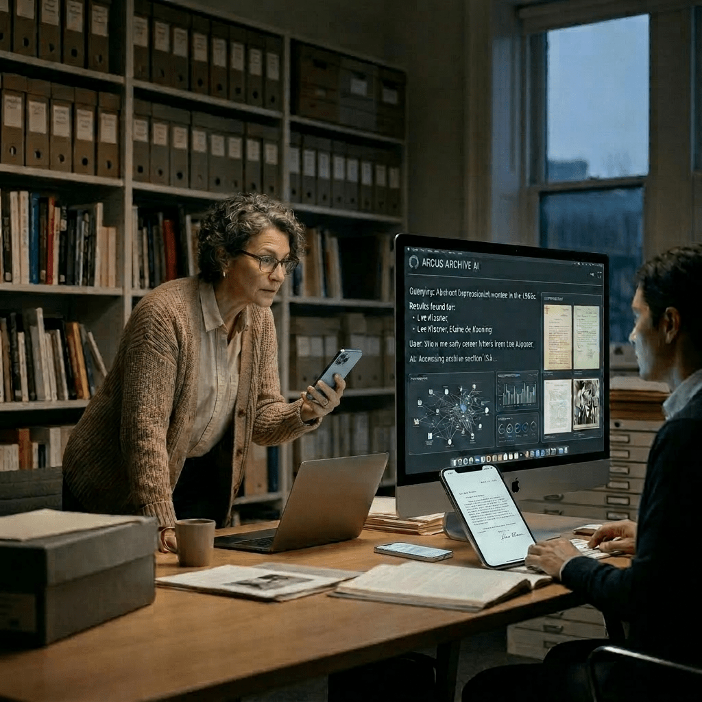 Two researchers reviewing historical documents with AI holographic interface showing archive data