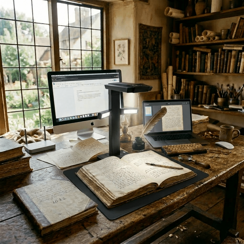 Wooden desk with old open books, quill pen, magnifying glass, and ink pot in sunlit study